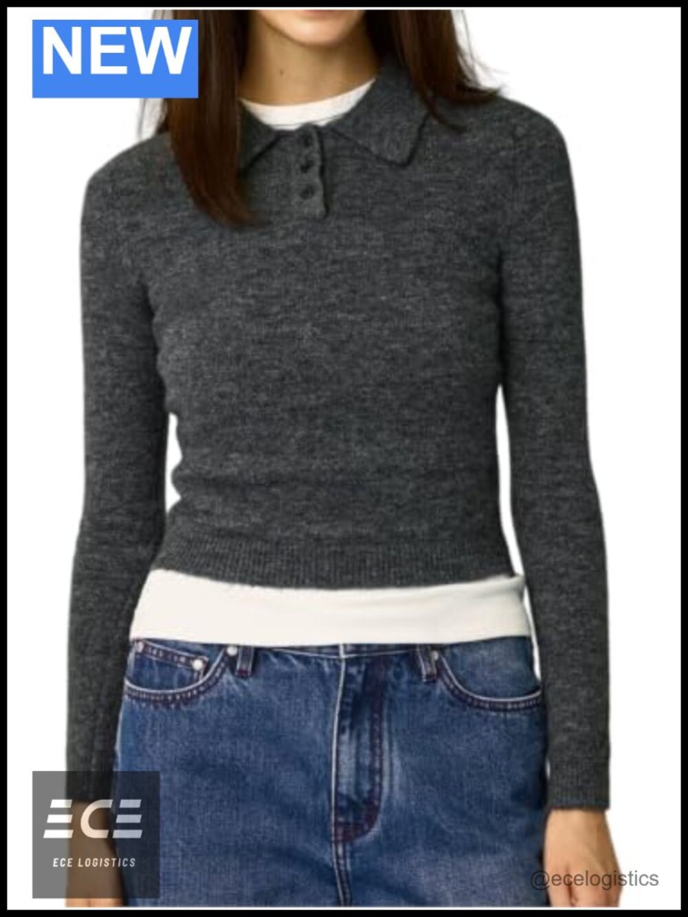 Wool Blend Long Sleeve Collared Polo Sweater Slim Fit Crop Pullover
